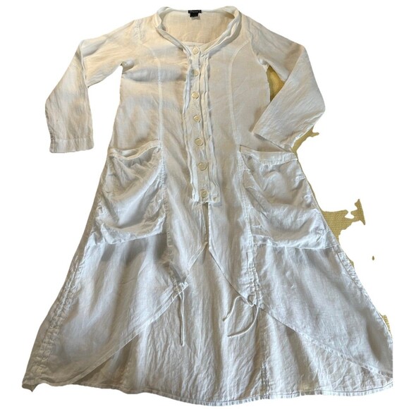 GRIZAS Dresses & Skirts - Grizas Linen Dress Size S Button Front Lagenlook Minimalist Ruched Bubble Pocket
